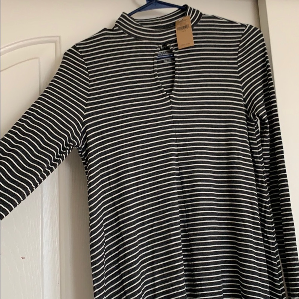 Grey/White Striped Keyhole Sweater American Eagle